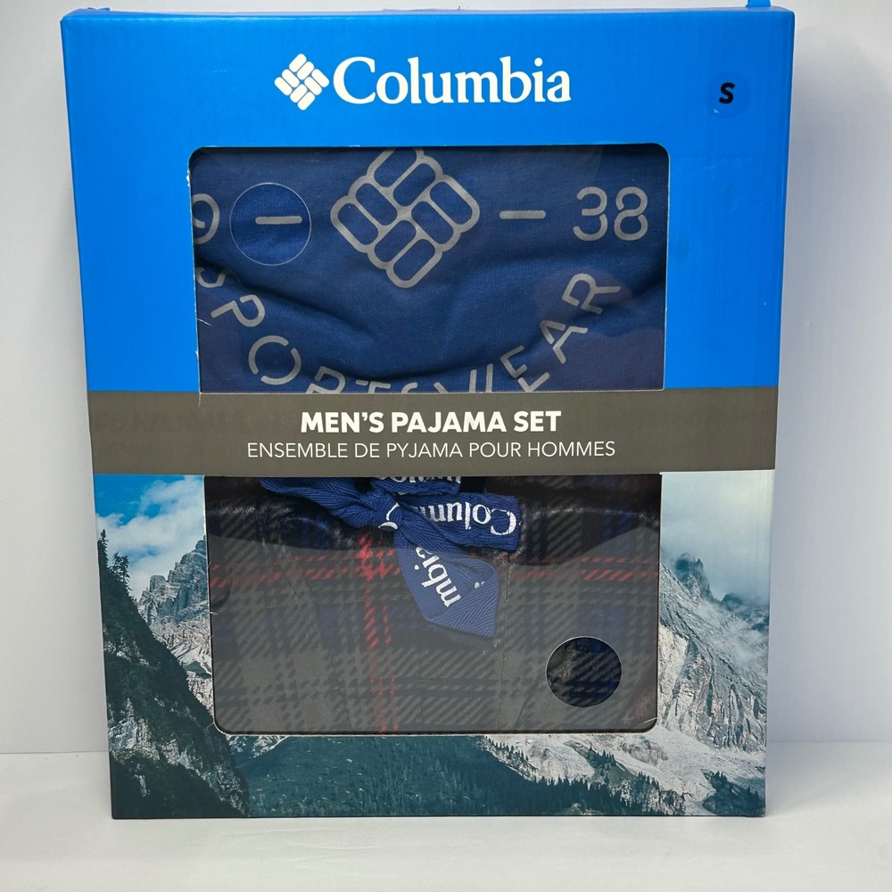 Columbia Mens Pajama Set Navy Blue Plaid Long Sleeve Top Pants Size Small
